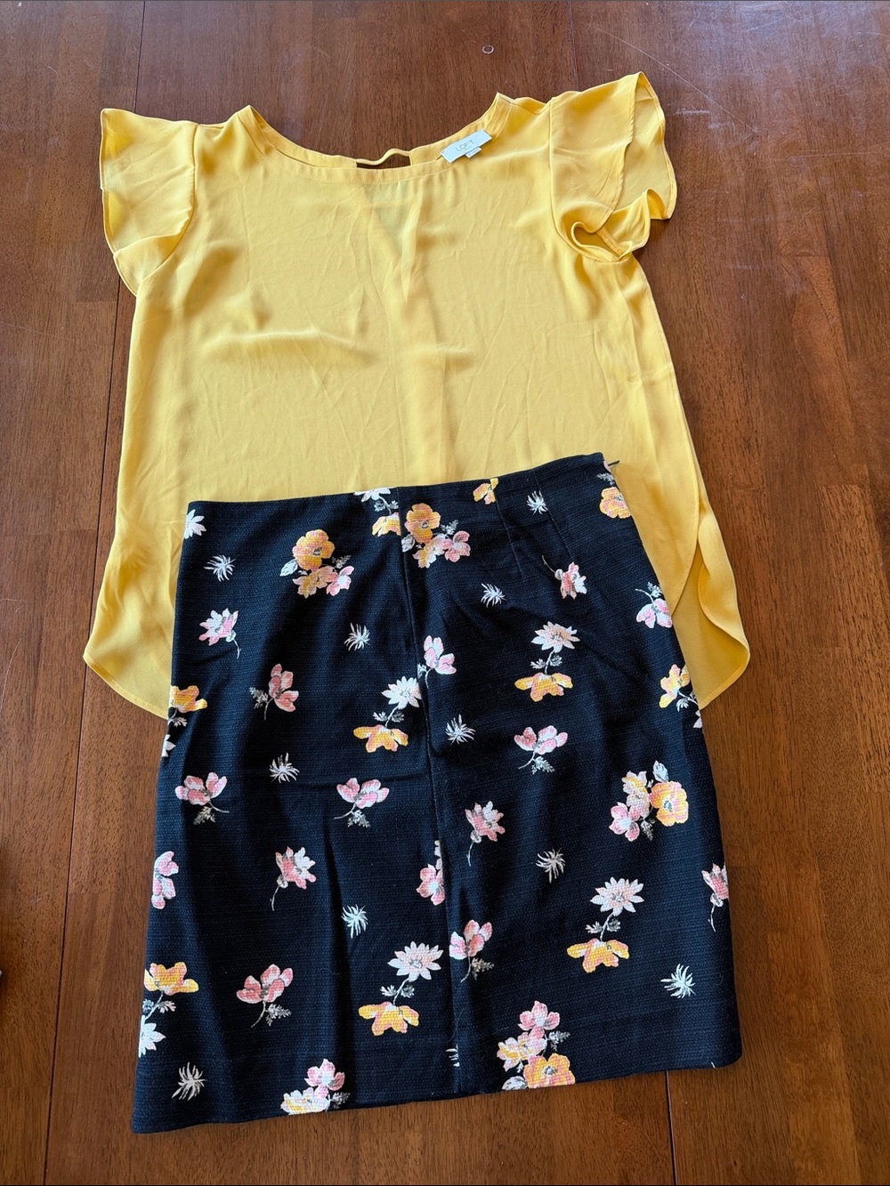 LOFT Yellow Flutter Sleeve Blouse and Floral Skirt